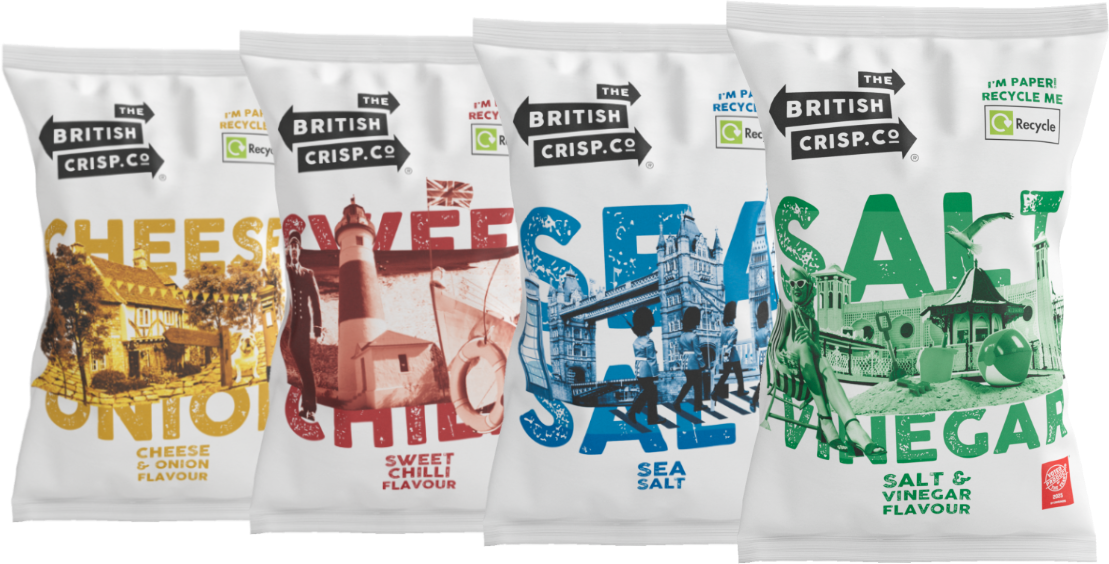 The British Crisp Co. range - four hand-finished flavours in recyclable paper packets