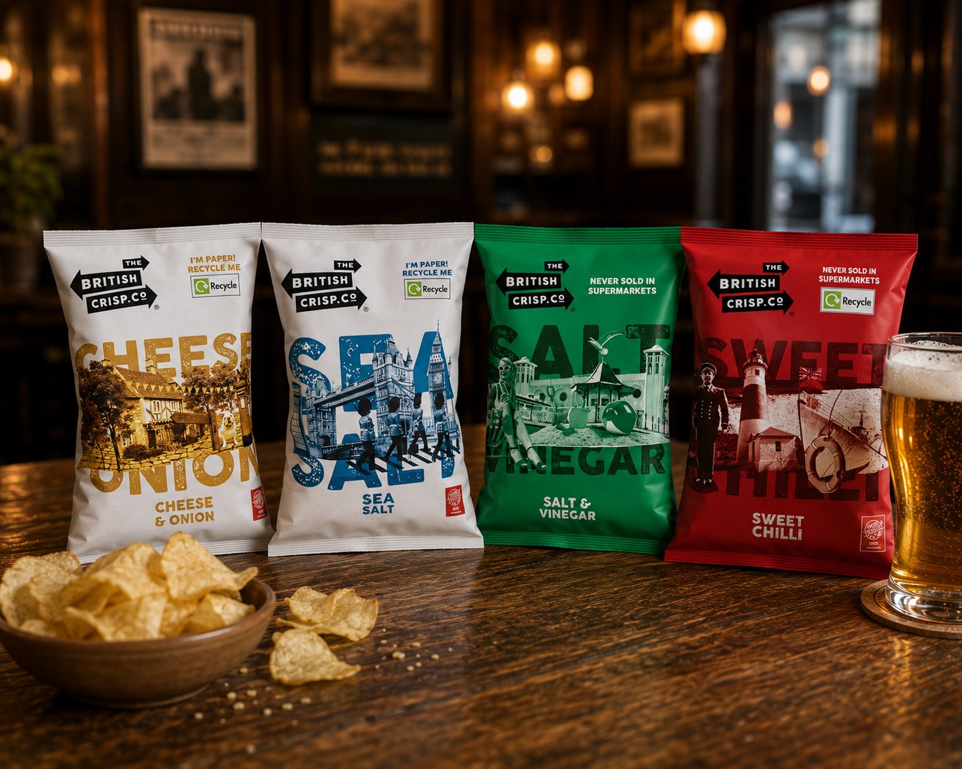 The British Crisp Co. range - two paper packets (Cheese & Onion, Sea Salt) alongside two classic packets (Salt & Vinegar, Sweet Chilli) styled on a pub bartop with a glass of ale and a bowl of crisps