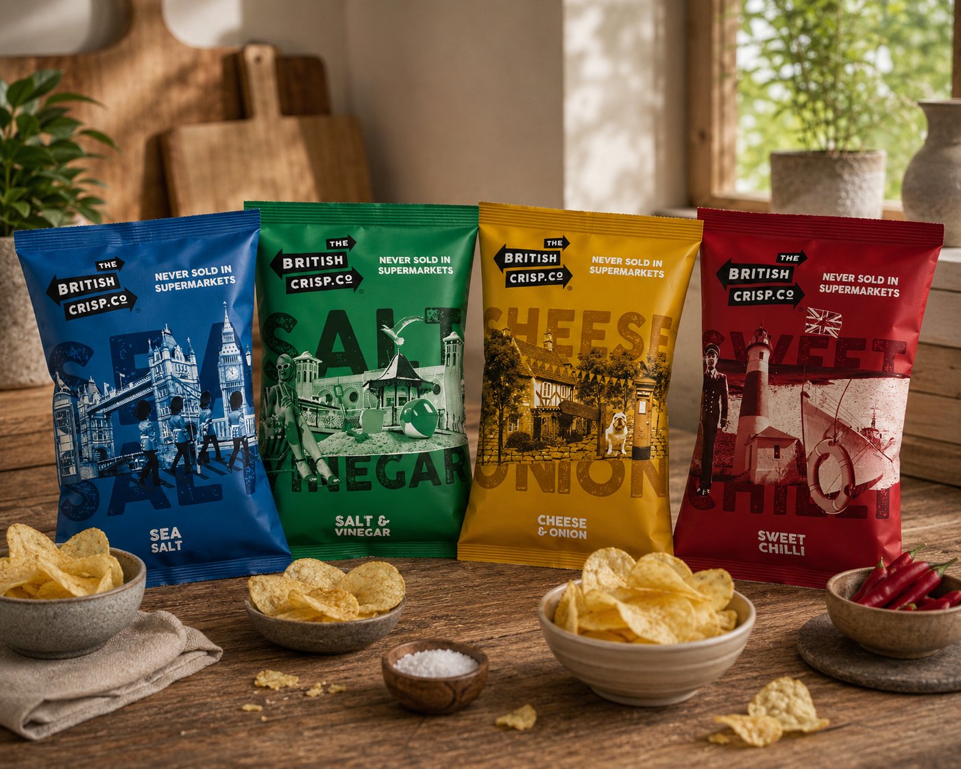 The British Crisp Co. Classic Range - Sea Salt, Salt & Vinegar, Cheese & Onion and Sweet Chilli in the original supermarket-free packets, styled with bowls of crisps on a rustic kitchen table