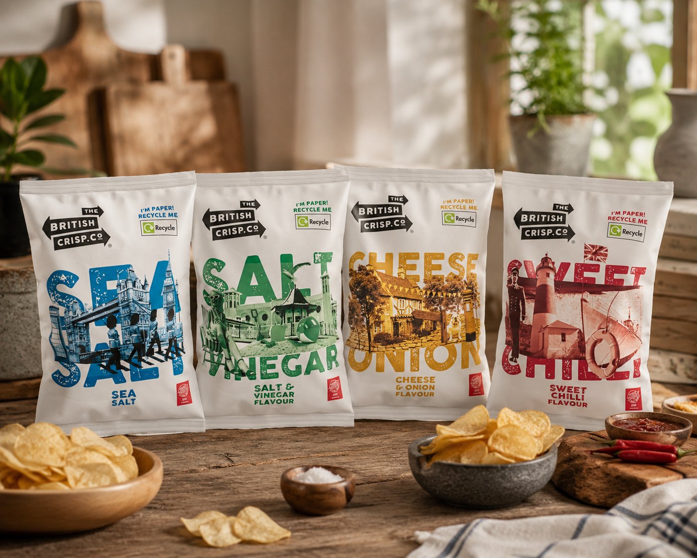 The British Crisp Co. Paper Range - Sea Salt, Salt & Vinegar, Cheese & Onion and Sweet Chilli in home-recyclable paper packets with illustrated British city scenes, styled with bowls of crisps and fresh chillies